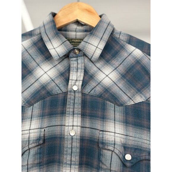 Filson Flannel Western Shirt Men’s L Pearl Snap Blue Gray Plaid Midweight - Picture 6 of 14